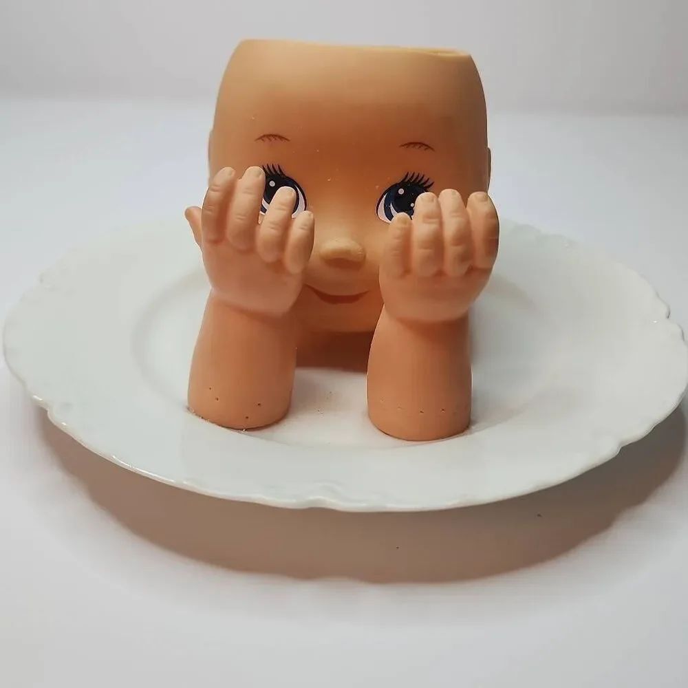 Handmade by Me Peek a Boo Dollhead Planter on a Ceramic Plate Base